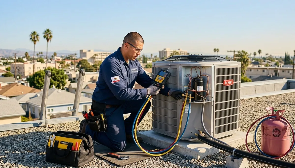 HVAC technician performing air conditioner repair service in Los Angeles CA home