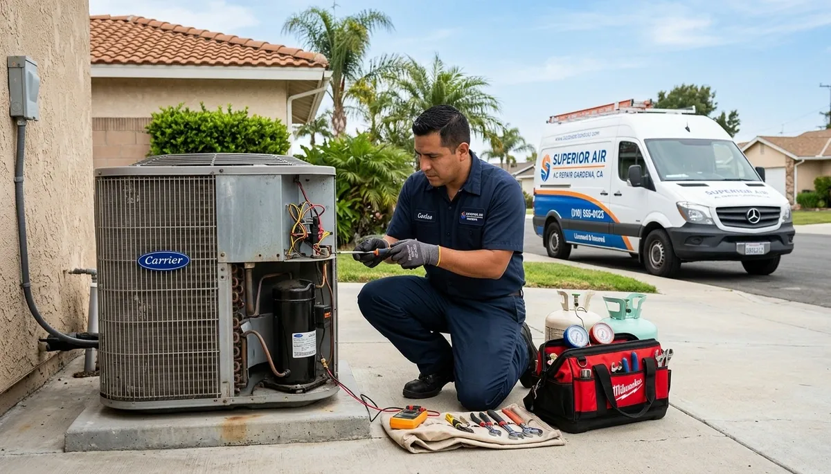 Professional AC repair technician servicing air conditioner in Los Angeles, CA home
