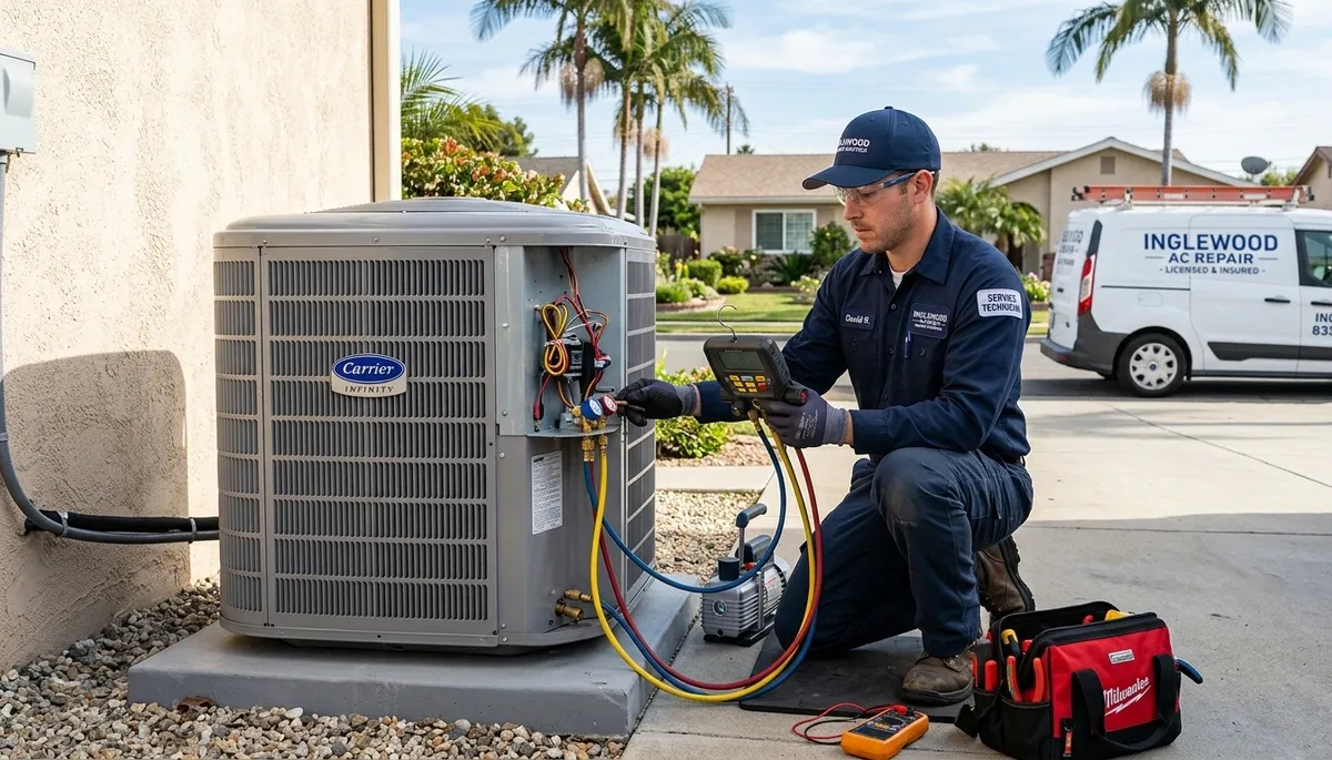 Professional AC repair technician servicing air conditioner unit in Los Angeles, California